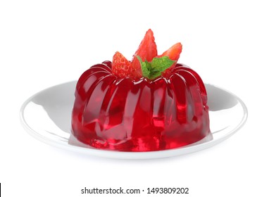 Delicious red jelly with strawberry and mint on white background