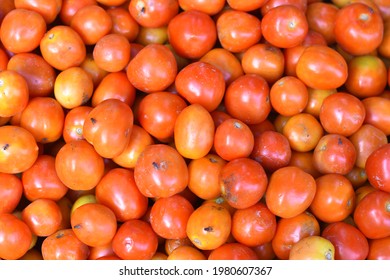 Delicious Red Tomatoes. Summer Farm Market Trays Farm Full Of Organic Vegetables It Can Be Used As A Background. (Selective Focus)