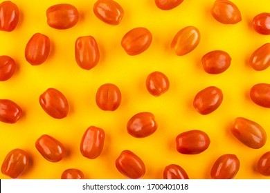 Delicious Red Tomatoes Top View On Yellow Background. Summer Farm Farming Market Tray Is Full Of Organic Vegetables For Background