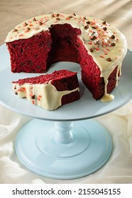 Delicious Red Velvet Cake, On A Light Blue Cake Stand