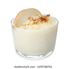 Delicious Rice Pudding With Apple And Almond Isolated On White