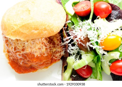 Delicious Rich Meatball Sliders On A Ciabatta Bun And Home Made Tomato Sauce