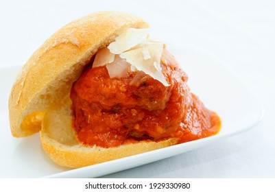 Delicious Rich Meatball Sliders On A Ciabatta Bun And Home Made Tomato Sauce