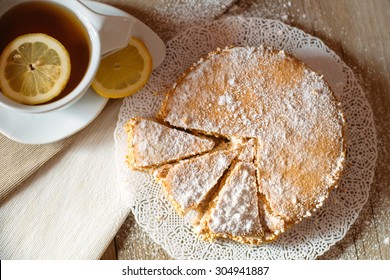 Delicious Ricotta Cheese And Pear Pie With A Cup Of Tea