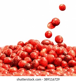 Delicious Ripe Cranberries Falling, Isolated Over White Background