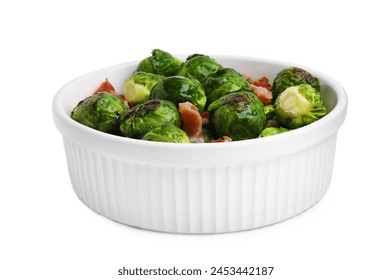 Delicious roasted Brussels sprouts and bacon in bowl isolated on white - Powered by Shutterstock