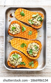 Delicious Roasted Butternut Squash Curry Rice Bowl On Wooden Table