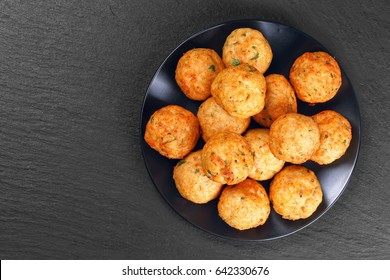 Delicious Roasted Meatballs From Ground Meat, Bread Crumbs, Spices And Parsley On Black Plate On Dark Stone Tray, Classic Recipe, View From Above