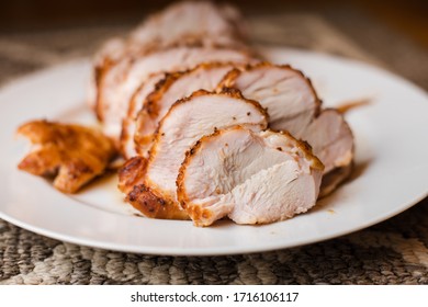 Delicious Roasted Sliced Turkey Breast Fillet Meal On A White Plate Macro