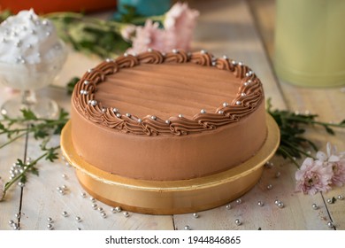 Delicious Round Chocolate Cake Side View And White Background. Images