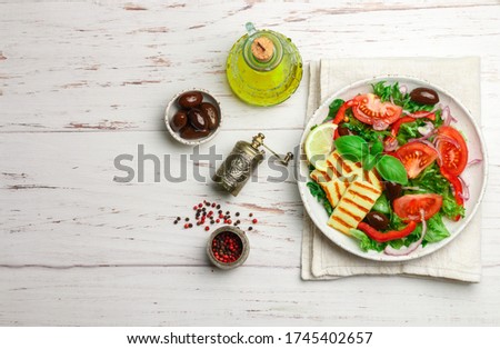 Similar – Image, Stock Photo Mediterranean Lunch with Olives, Salad and Focaccia