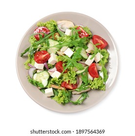 Delicious Salad With Meat, Arugula And Vegetables Isolated On White, Top View