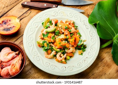 Delicious Salad With Tamarillo,avocado,shrimp And Nuts.Prawn Salad With Tamarillo