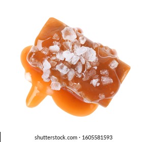 Delicious Salted Caramel With Sauce On White Background, Top View