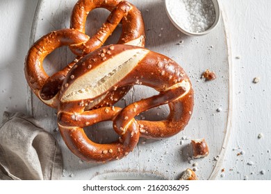 Delicious and salty pretzels as a salty snack. Freshly baked salty pretzels.