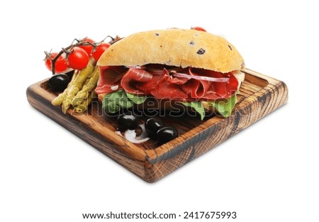 Delicious sandwich with bresaola, onion and other products isolated on white