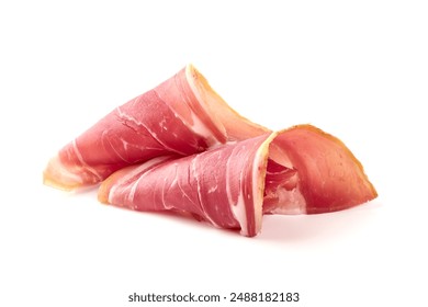 Delicious Serrano ham, cured jamon iberico, isolated on white background