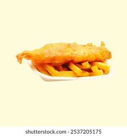 A delicious serving of golden-brown fish and crispy fries in a takeout box, set against a plain background. Perfect for illustrating traditional British cuisine and fast food dining. - Powered by Shutterstock