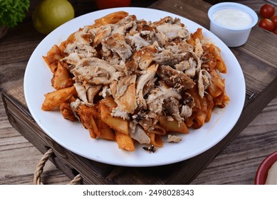 Delicious Shawarma Pasta combining the flavors of tender spiced shawarma meat with creamy pasta. Ideal for culinary projects, food blogs, and fusion cuisine menus.