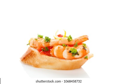 Delicious Shrimp Sandwich With Parsley Isolated On White Background. Seafood Eating Concept. Seafood Canape.