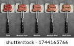 Delicious sliced beef tenderloins with different degrees of doneness on grey background, top view. Banner design