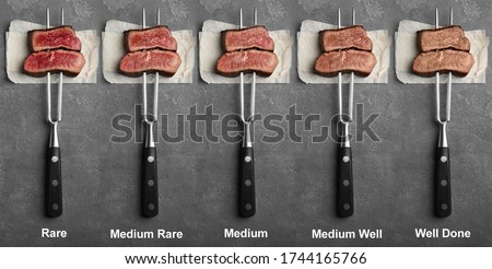 Delicious sliced beef tenderloins with different degrees of doneness on grey background, top view. Banner design