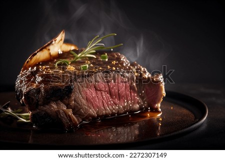 Delicious sliced juicy beef ribeye fillet mignon steak isolated. for poster or menu. cafe. closeup view, grilled	
