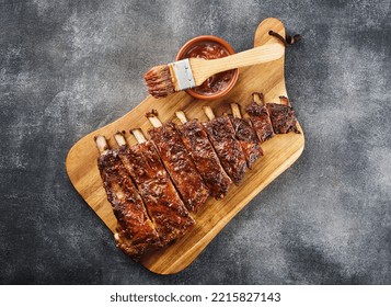 Delicious Smoked Pork Ribs Glazed In BBQ Sauce. View From Above