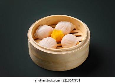 Delicious soft and tasty prawn Dim Sum. A Chinese traditional dish, served in a bamboo basket. Light breakfast or lunch option.