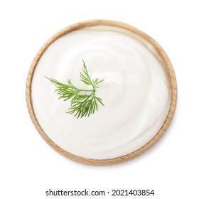 Delicious Sour Cream With Dill In Bowl On White Background, Top View