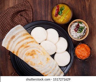 Delicious South Indian Dish Idli Dosa Sambar And Chutney