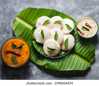 Delicious South Indian Dish Idli With Sambar And Coconut Chutney