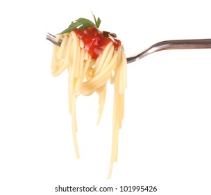 Delicious Spaghetti On A Fork Close-up On White Background