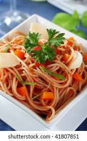 delicious spaghetti with tomato sauce, healthy lunch