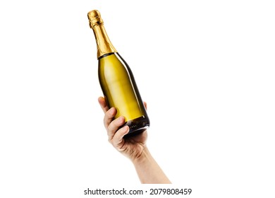 Delicious Sparkling Wine Degustation. Cropped Image Of Male Hand Holding Bottle Of Champagne Isolated Over White Background. Concept Of Alcohol, Drink, Party, Degustation, Holiday. Copy Space For Ad