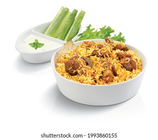 Delicious and Spicy Beef Biryani and Kabab isolated white background