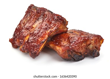 Delicious Spicy Marinated Ribs In A Bbq Or Tomato Sauce, Isolated On White Background.