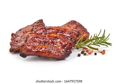 Delicious Spicy Marinated Ribs In A Bbq Or Tomato Sauce, Isolated On White Background.