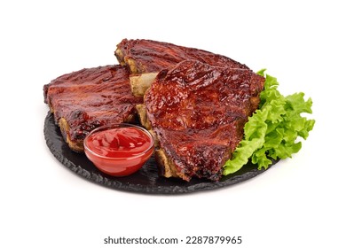 Delicious spicy marinated ribs in a bbq or tomato sauce with herbs, isolated on a white background.