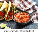 Delicious Spicy Mexican Tacos with Beef, Salsa, and Vegetables, Homemade Street Food, Healthy and Juicy Meal.