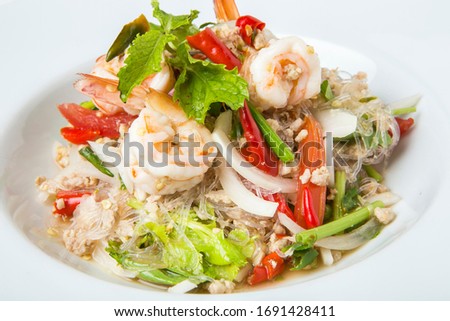 delicious spicy mixed seafood thai food made from shrimps squids minced pork chili and vegetable thai called 