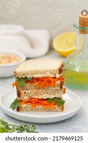 Delicious spicy sandwich of whole grain bread with fried carrots, hummus, garlic and cilantro. Healthy breakfast. Vegetarian cuisine. Selective focus and copy space