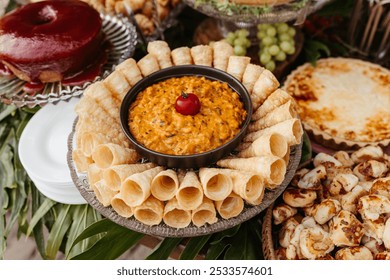 A delicious spread of various appetizers including a cheese dip with a cherry tomato, rolled pastries, and a cake. - Powered by Shutterstock