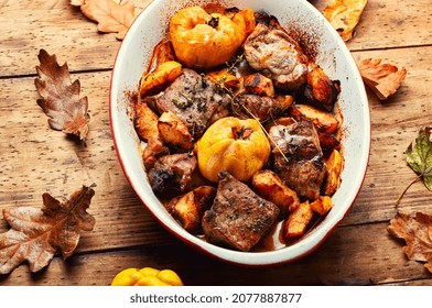 Delicious Stewed Meat With Aromatic Quince In Baking Dish