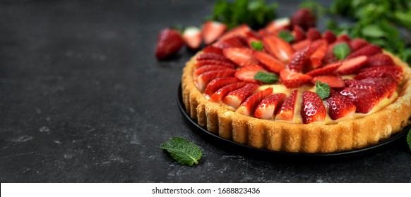 Delicious Strawberry Flan On Black Background