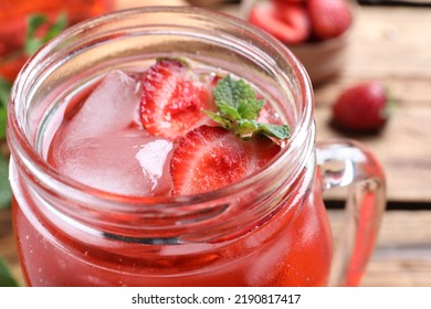 Delicious Strawberry Lemonade Made With Soda Water In Mason Jar, Closeup