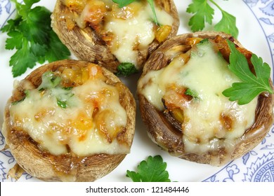 Delicious Stuffed Mushrooms With Meat And Cheese.