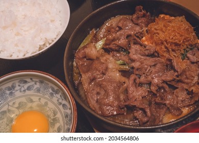 A delicious sukiyaki set meal at a long-established butcher shop in Hakodate, Hokkaido. - Shutterstock ID 2034564806