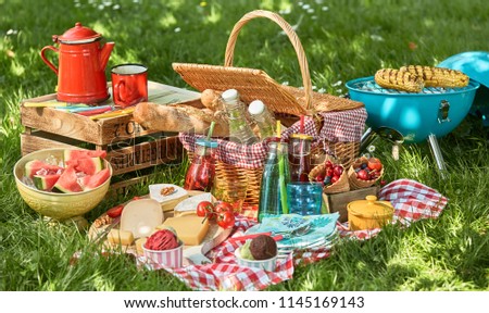 Delicious summer picnic food arrangement with basket, grill and coffee pot on green grass in partial shade