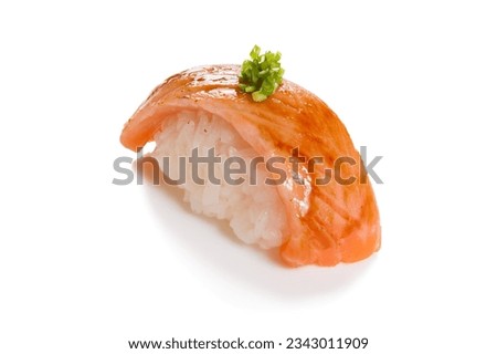 Delicious Sushi Nigiri with smoked Salmon. 
Seared salmon sushi  with sauce. 
Isolated on white background.